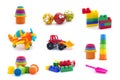 Collage of plastic toys for baby isolated on white background Royalty Free Stock Photo
