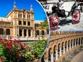 Collage of Plaza de espana spain square Seville, Andalusia, Spain. Royalty Free Stock Photo