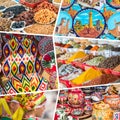 Collage of popular tourist destinations in Uzbekistan. Travel background. Central Asia