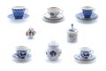 Collage of porcelain tea cups and dishes with flower ornament