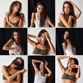Collage. Portrait of beautiful young brunette girl posing in underwear over black and grey studio background. Wellness Royalty Free Stock Photo