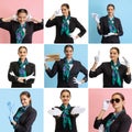 Collage. Portrait of beautiful young woman, flight attendant posing isolated on white, blue and pink studio background. Royalty Free Stock Photo