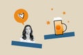 Collage portrait of black white effect minded girl think dream heart bubble big beer pint isolated on beige background