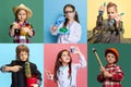 Collage. Portrait of little boys and girls, children in image of different professions posing isolated over multicolored