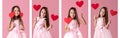 Collage of portrait of little girl holding paper heart. St. Valentine`s Day Royalty Free Stock Photo