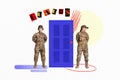 Collage portrait of two focused military girls security guards protect painted doors isolated on white background