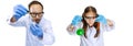 Collage. Portrait of young man and little girl in image of scientist, chemist or doctor isolated over white background. Royalty Free Stock Photo