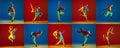 Collage. Portrait of young stylish man, contemporary dancer in motion, performing hip-hop isolated over blue red Royalty Free Stock Photo