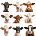 Collage of portraits of cows of different breeds and colors, for advertising livestock products Royalty Free Stock Photo