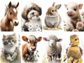 Collage of portraits of cute farm animals with flowers on white background