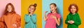 Collage. Portraits of cute little children, girls smiling, posing over multicolored background. Happy delightful kids