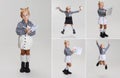 Collage of portraits of cute little girl posing isolated over gray studio background