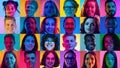 Collage. Portraits of different people of diverse age, gender and nationality smiling against multicolored background in
