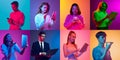 Collage. Portraits of different young people using various gadgets for work and communication over multicolored