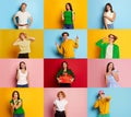 Collage. Portraits of diverse emotional people, men and women posing with positive vibes, smiling over multicolored Royalty Free Stock Photo