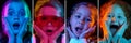 Collage. Portraits of emotional little kids, girls with shocked amazed faces posing over dark background in neon lights