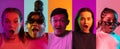 Collage of portraits of an ethnically diverse people with shocked expression isolated over multicolored background.