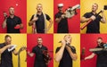 Collage of portraits of fearless brave man, professional firefighter isolated over yellow and red background