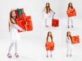 Collage of portraits of happy girl, child holding huge red present box isolated over white background