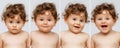 Collage of portraits of little boy, baby, child making cute faces and posing isolated over white background