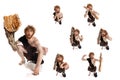 Collage of portraits man in character of neanderthal posing isolated over white background