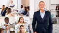 Collage of portraits of mixed age group of focused business professionals