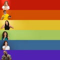 Collage of portraits of multiethnic, mixed age group of people forming a pride flag