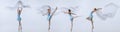 Collage of portraits of one young beautiful female ballet dancer in different images dancing with silk fabric isolated