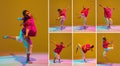Collage. Portraits of oung stylish girl, contemp hip-hop dancer in motion, training over yellow background