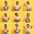 Collage of portraits of pretty, young, african girl posing with diversity of emotions against yellow studio background
