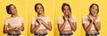 Collage of portraits of pretty, young, african girl posing with diversity of emotions against yellow studio background