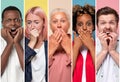 Collage of portraits with several men and women being shocked, covering mouth.