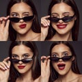 Collage. Portraits of young beautiful girl posing with red lips in trendy sunglasses  over dark grey background Royalty Free Stock Photo