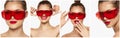 Collage. Portraits of young beautiful girl posing in red plastic glasses  over white background. Laser Royalty Free Stock Photo