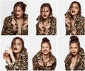 Collage. Portraits of young beautiful girl posing in stylish animal print coat with dark red lips  over white Royalty Free Stock Photo