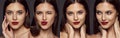Collage. Portraits of young beautiful girl with straight brunette hair and red lips posing  over dark grey Royalty Free Stock Photo