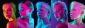 Collage of portraits of young beautiful girls on dark background in neon. Concept of human emotions, facial expression Royalty Free Stock Photo