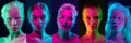 Collage of portraits of young beautiful girls on dark background in neon. Concept of human emotions, facial expression