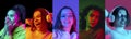 Collage of portraits of young emotional girls on multicolored background in neon. Concept of human emotions, facial