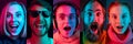 Collage of portraits of young emotional people on multicolored background in neon. Concept of human emotions, facial