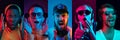 Collage of portraits of young emotional people on multicolored background in neon. Concept of human emotions, facial