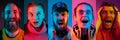 Collage of portraits of young emotional people on multicolored background in neon. Concept of human emotions, facial