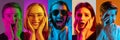 Collage of portraits of young emotional people on multicolored background in neon. Concept of human emotions, facial