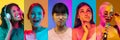 Collage of portraits of young emotional people on multicolored background in neon. Concept of human emotions, facial