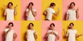 Collage. Portraits of young emotive man in casual white polo posing with different expressions isolated over yellow pink Royalty Free Stock Photo