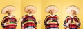 Collage of 4 portraits of young man in ethnical mexican clothes with bottle fo tequila isolated over yellow studio