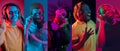 Collage of portraits of young people on multicolored background in neon