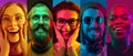 Collage of portraits of young people on multicolored background in neon