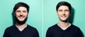 Collage portraits of young smiling man; before and after shaved. Background of aqua menthe color.