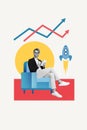 Collage positive businessman sitting armchair write documents analysis graphics stats rocket launch progress isolated on Royalty Free Stock Photo